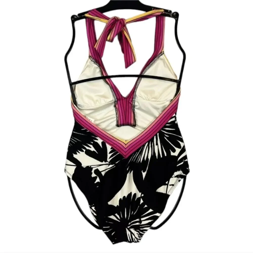 Trina Turk Lennox Plunge Pink One Piece Swimsuit Black White Pink Size 14 NWT
